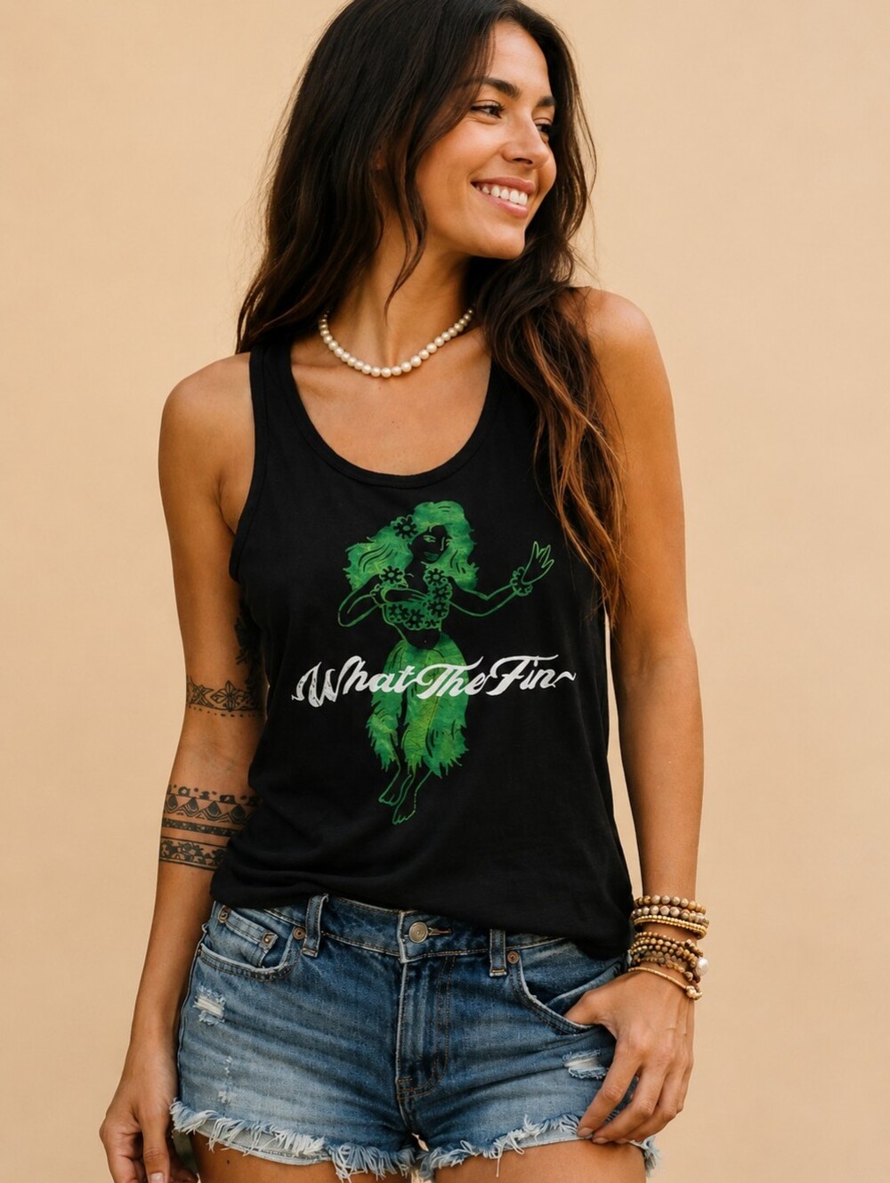 What The Fin Tank Top Womens Medium Black Mermaid Graphic Beach Festival Cotton